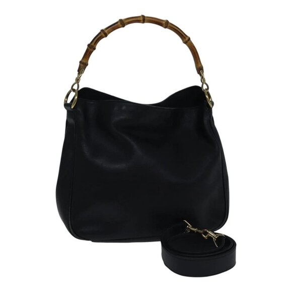 GUCCI Bamboo Shoulder Bag Leather 2way Black Gold - Picture 1 of 15